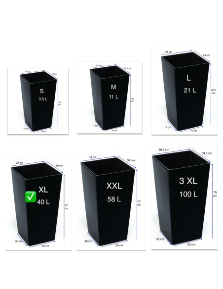 Blumenkübel eckig XL hoch 29 × 29 × 57 cm Hochglanz, 40 L – Schwarz | Töpferkönig