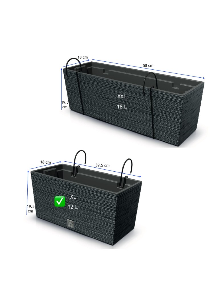 Balkonbak XL 40 × 18 × 20 cm geribbeld, 12 L – Antraciet | Töpferkönig