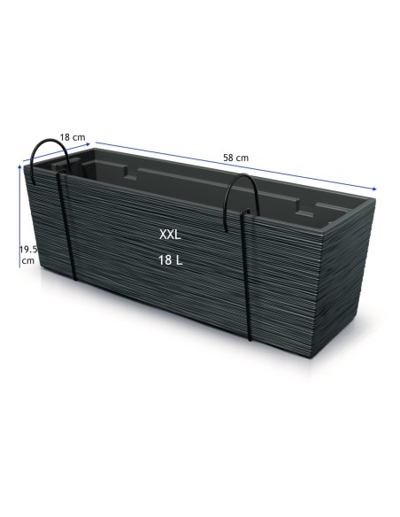 Jardinière de balcon XXL 58 × 18 × 20 cm striée, 18 L – Anthracite | Töpferkönig