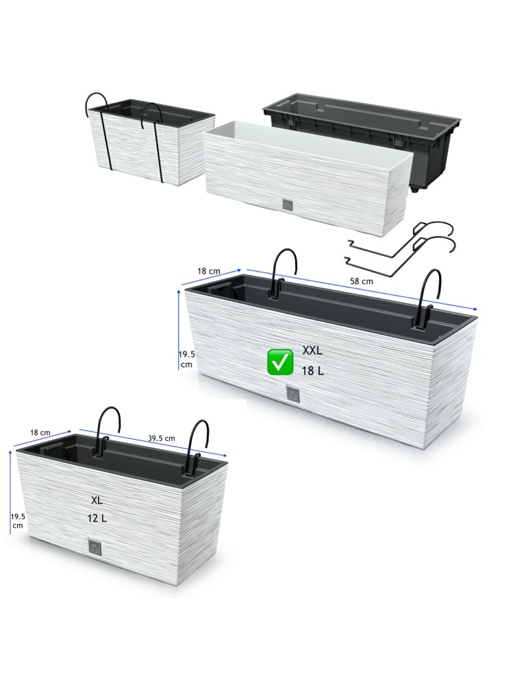 Balkonbak XXL 58 × 18 × 20 cm geribbeld, 18 L – Wit | Töpferkönig