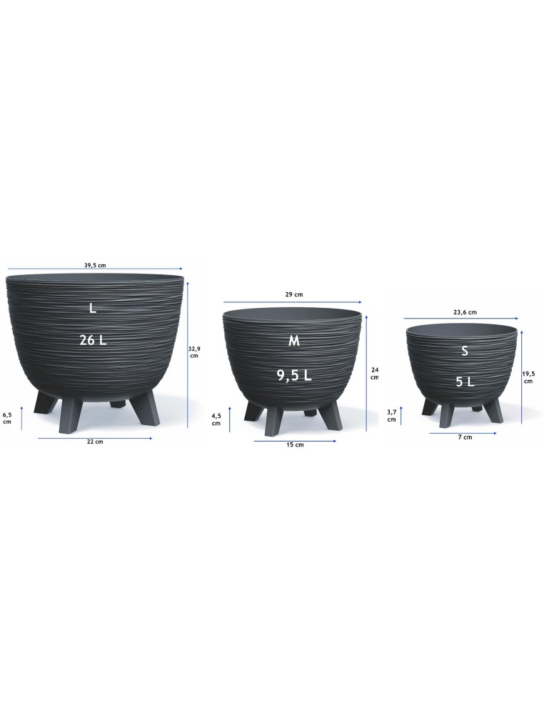 Bloempot rond M Ø29 × 24 cm geribbeld, 9,5 L – Antraciet | Töpferkönig