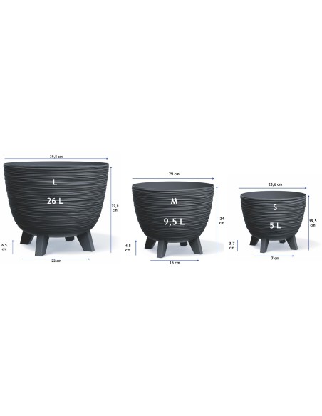 Vaso rotondo M Ø29 × 24 cm rigato, 9,5 L – Antracite | Töpferkönig