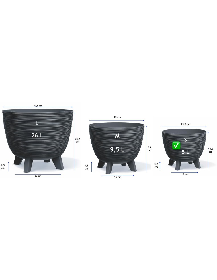 Bloempot rond S Ø24 × 20 cm geribbeld, 26 L – Antraciet | Töpferkönig