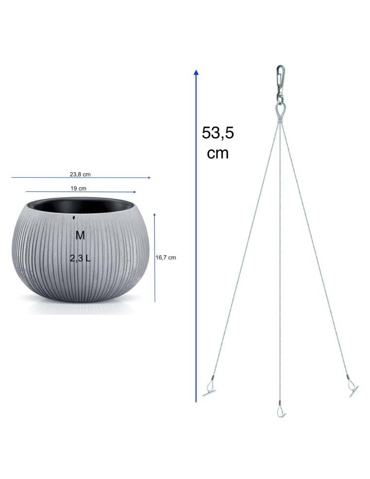 Vaso sospeso rotondo M Ø24 × 17 cm effetto cemento, 2,3 L – Grigio | Töpferkönig