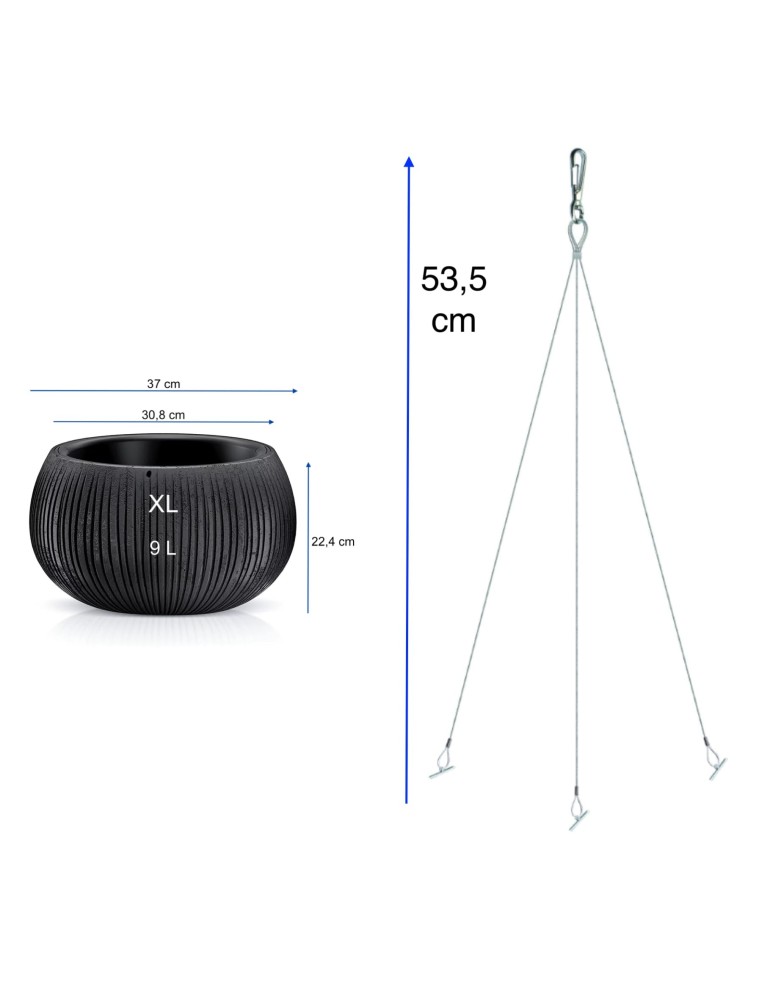 Suspension ronde XL Ø37 × 22 cm aspect béton, 9 L – Noir | Töpferkönig