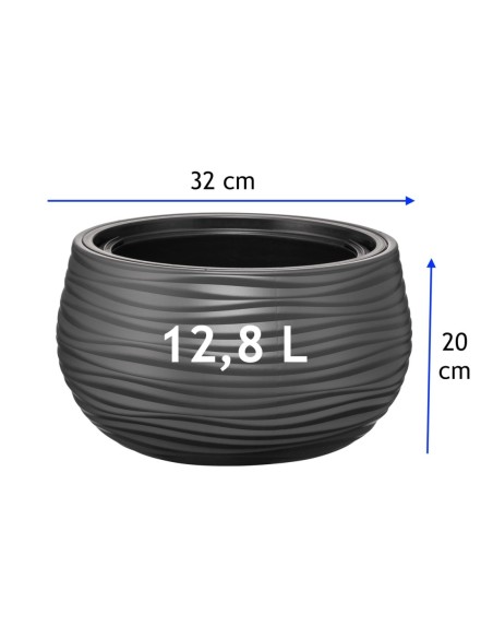 Cuenco para plantas redondo S Ø32 × 20 cm relieve ondulado, 12,8 L – Antracita | Töpferkönig