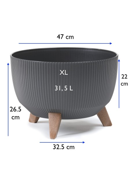 Ciotola per piante rotonda rigata XL Ø47 × 27 cm, 31,5 L – Antracite | Töpferkönig