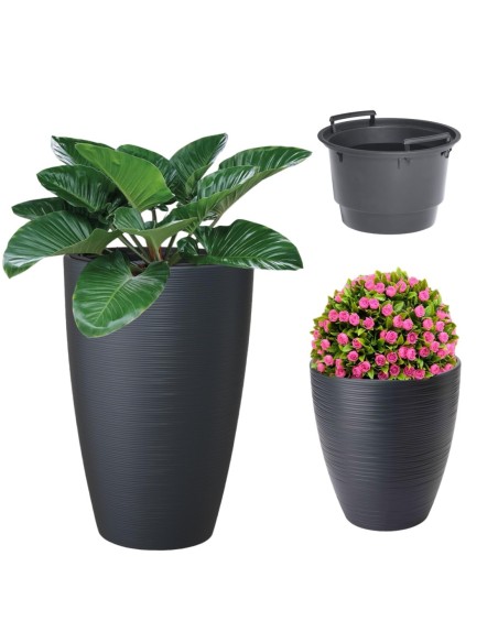 Pot de fleurs rond à relief ondulé L Ø39 × 42 cm, 36 L – Anthracite | Töpferkönig