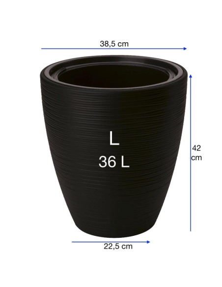 Pot de fleurs rond à relief ondulé L Ø39 × 42 cm, 36 L – Noir | Töpferkönig