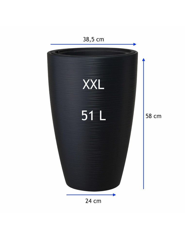Fioriera rotonda rilievo a onde XXL alta Ø39 × 58 cm, 51 L – Nero | Töpferkönig