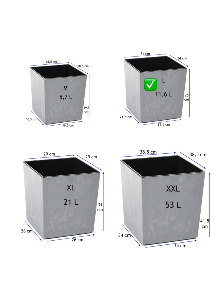 Vaso quadrato L 24 × 24 × 26 cm effetto cemento, 11,6 L – Grigio cemento | Töpferkönig