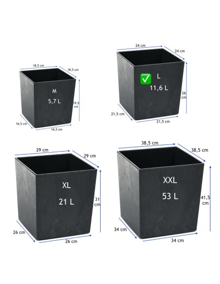 Maceta cuadrada L 24 × 24 × 26 cm efecto hormigón, 11,6 L – Negro hormigón | Töpferkönig