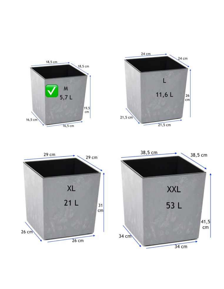 Pot carré M 19 × 19 × 20 cm aspect béton, 5,7 L – Béton gris | Töpferkönig