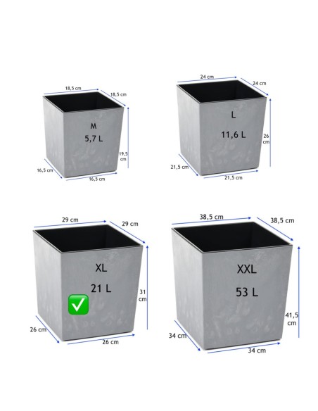 Vaso quadrato XL 29 × 29 × 31 cm effetto cemento, 21 L – Grigio cemento | Töpferkönig