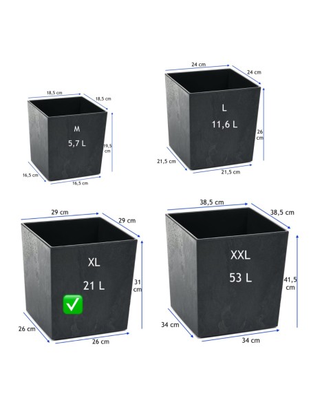 Pot carré XL 29 × 29 × 31 cm aspect béton, 21 L – Béton noir | Töpferkönig