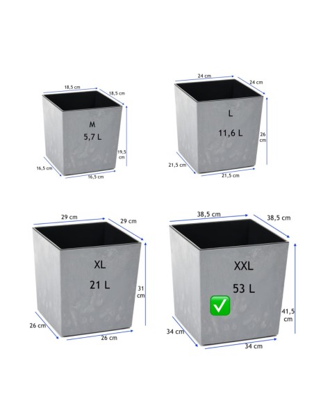 Vaso quadrato XXL 39 × 39 × 42 cm effetto cemento, 53 L – Grigio cemento | Töpferkönig