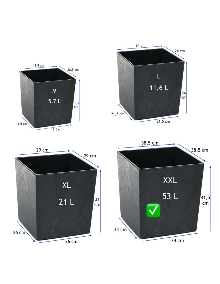 Pot carré XXL 39 × 39 × 42 cm aspect béton, 53 L – Béton noir | Töpferkönig