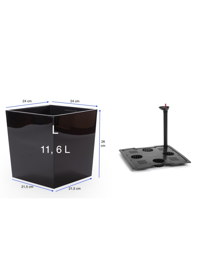 Pot carré L 24 × 24 × 26 cm brillant avec système d'arrosage, 11,6 L – Noir | Töpferkönig