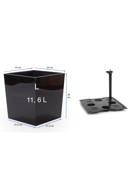 Vaso quadrato L 24 × 24 × 26 cm lucido con sistema di irrigazione, 11,6 L – Nero | Töpferkönig