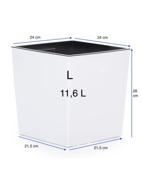 Vaso quadrato L 24 × 24 × 26 cm lucido con sistema di irrigazione, 11,6 L – Bianco | Töpferkönig