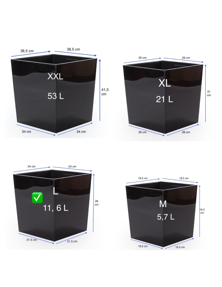 Vaso quadrato L 24 × 24 × 26 cm lucido, 11,6 L – Nero | Töpferkönig