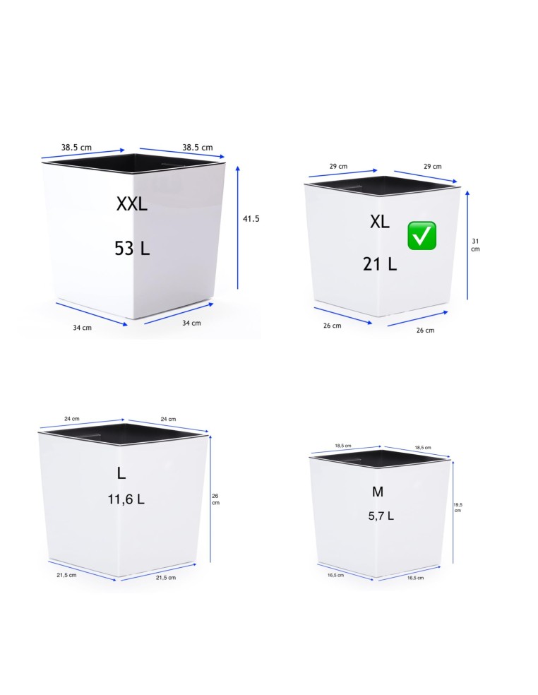Bloempot vierkant XL 29 × 29 × 31 cm hoogglans met bewateringssysteem, 21 L – Wit | Töpferkönig