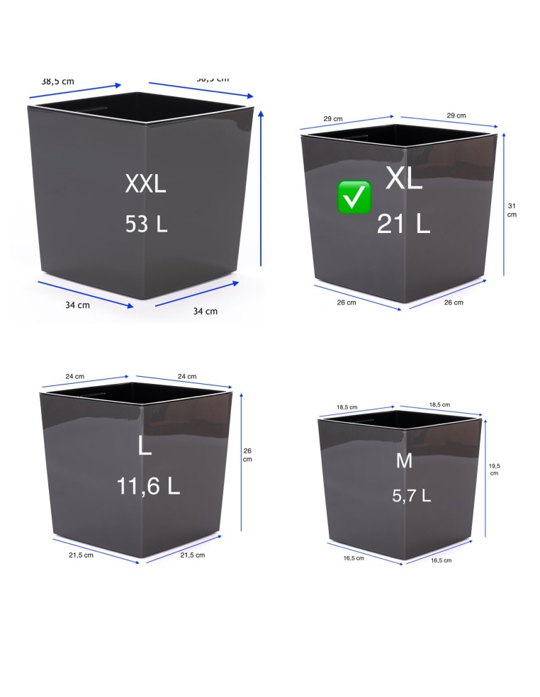 Bloempot vierkant XL 29 × 29 × 31 cm hoogglans, 21 L – Antraciet | Töpferkönig