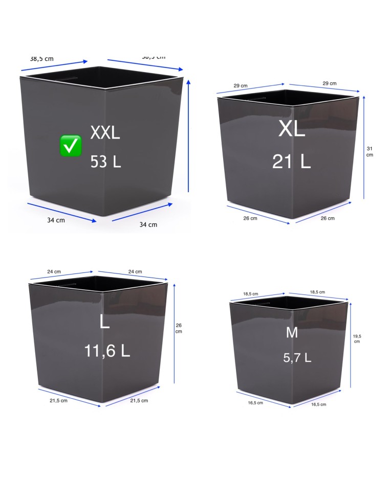 Pot carré XXL 39 × 39 × 42 cm brillant, 53 L – Anthracite | Töpferkönig