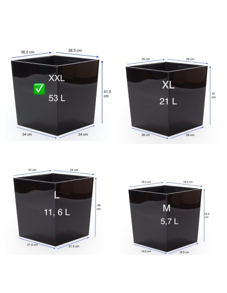 Maceta cuadrada XXL 39 × 39 × 42 cm brillante, 53 L – Negro | Töpferkönig