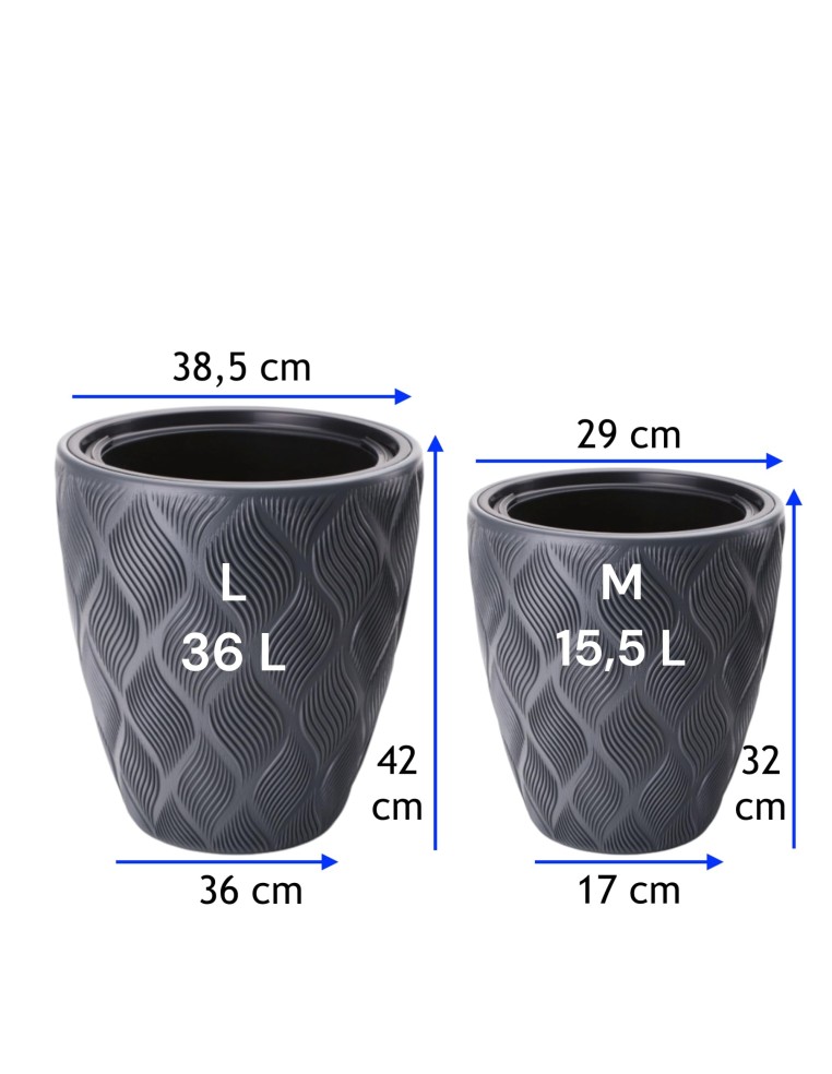 Maceta redonda con ondas 3D L Ø39 × 42 cm, 36 L – Antracita | Töpferkönig