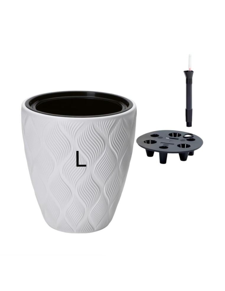 Vaso rotondo con onde 3D L Ø39 × 42 cm con sistema di irrigazione, 36 L – Bianco | Töpferkönig