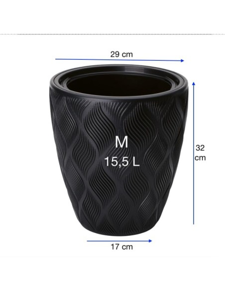 Maceta redonda con ondas 3D M Ø29 × 32 cm, 15,5 L – Negro | Töpferkönig
