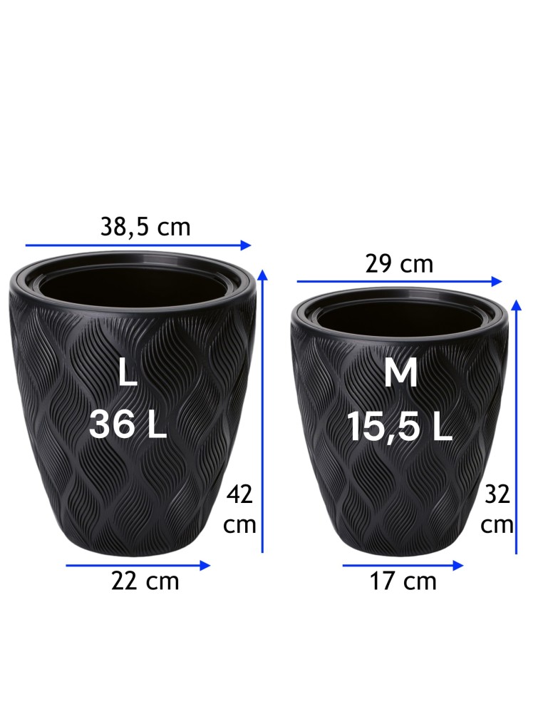 Pot de fleurs rond ondulé 3D M Ø29 × 32 cm, 15,5 L – Noir | Töpferkönig