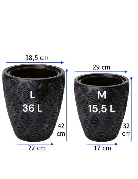 Maceta redonda con ondas 3D M Ø29 × 32 cm, 15,5 L – Negro | Töpferkönig