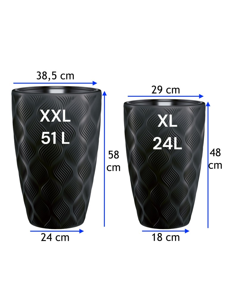 Macetero redondo con ondas 3D XXL alto Ø39 × 58 cm, 51 L – Negro | Töpferkönig