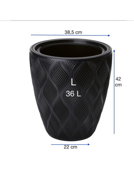 Blumentopf rund Ø39 × 42 cm Rautenrelief mit Bewässerungssystem, 36 L – Schwarz | Töpferkönig