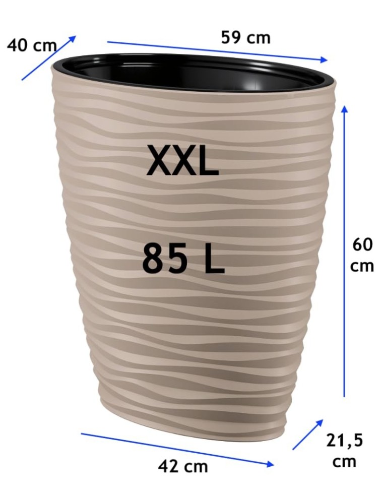 Plantenbak ovaal hoog 59 × 40 × 60 cm golfreliëf, 85 L – Taupe | Töpferkönig