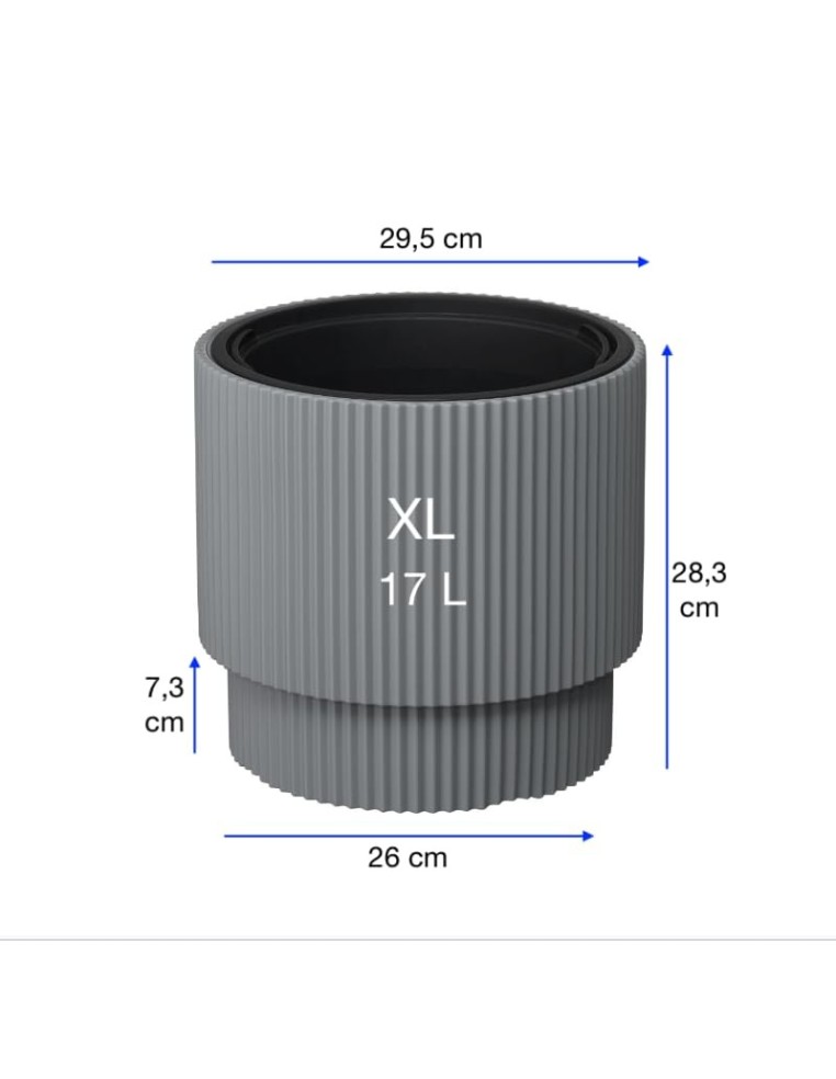 Plantenbak rond Ø30 × 28 cm geribbeld met bewateringssysteem, 17 L – Grijs | Töpferkönig