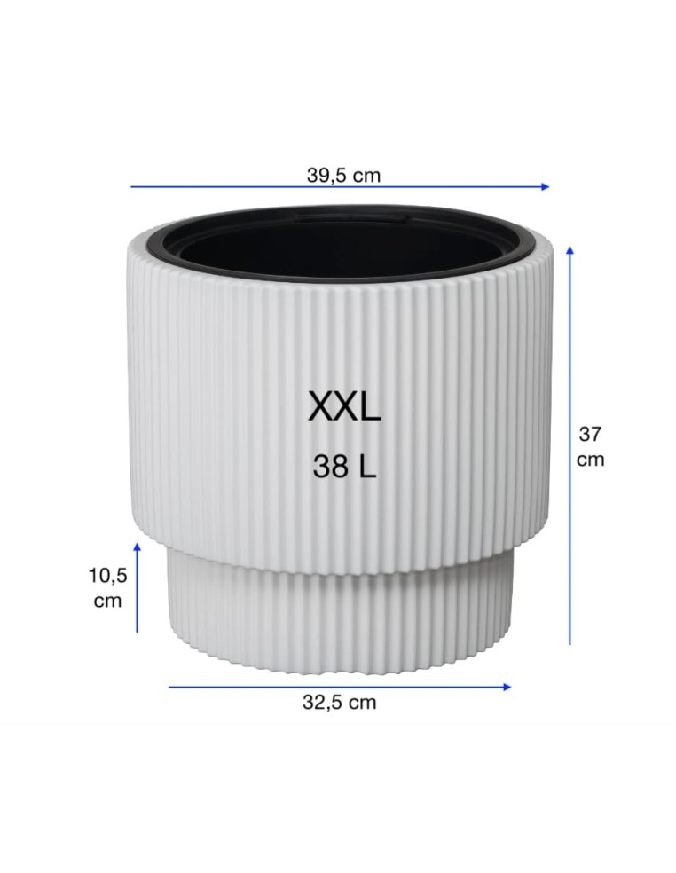 Pot rond Ø40 × 37 cm strié avec système d'arrosage, 38 L – Blanc | Töpferkönig