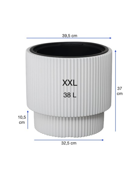Pot rond Ø40 × 37 cm strié avec système d'arrosage, 38 L – Blanc | Töpferkönig