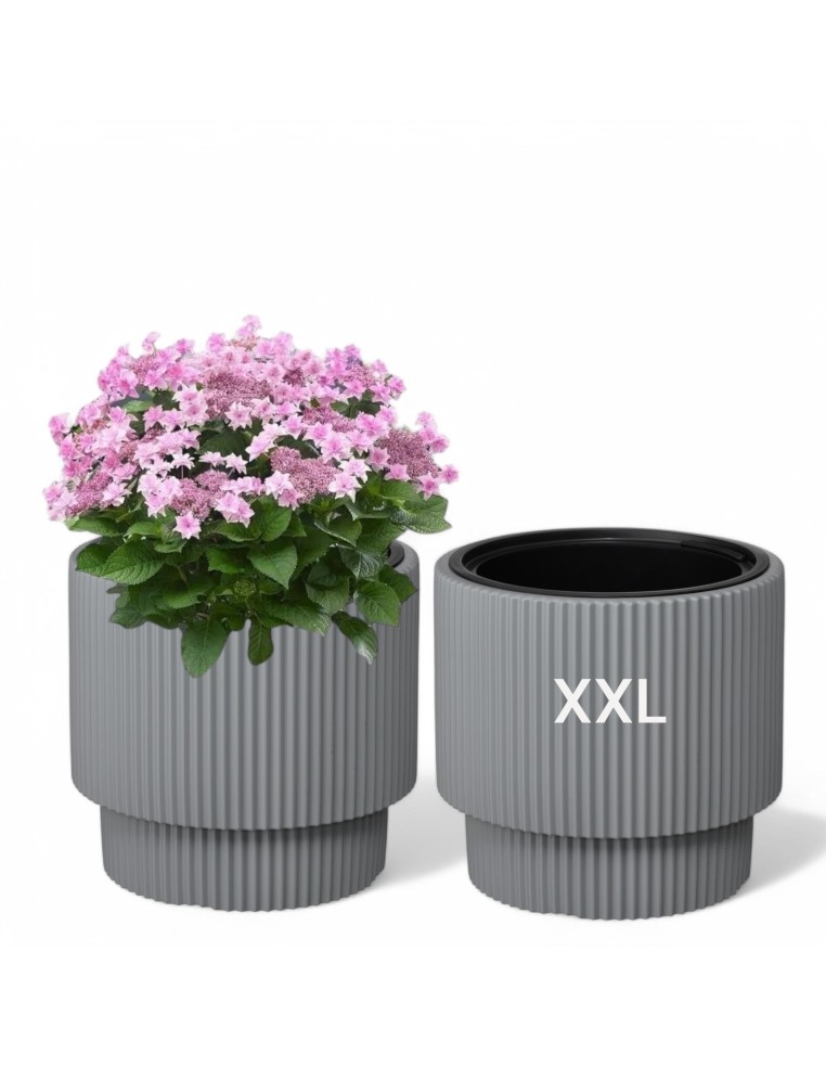 Pot rond Ø40 × 37 cm strié avec système d'arrosage, 38 L – Gris | Töpferkönig