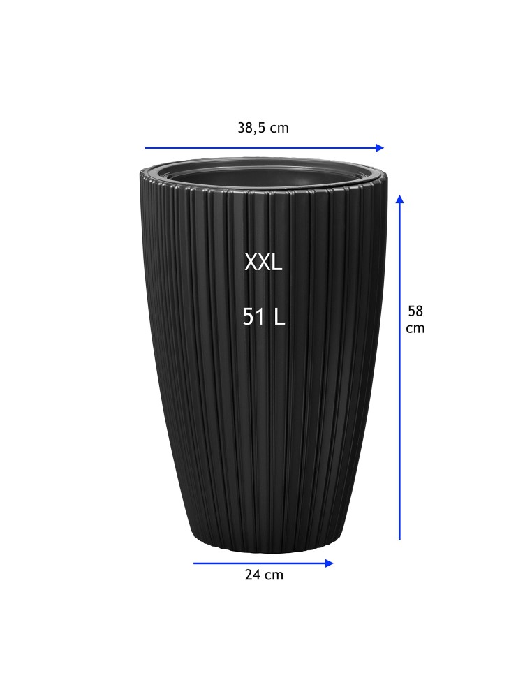 Pot haut rond effet strié XXL Ø39 × 58 cm, 51 L – Noir | Töpferkönig