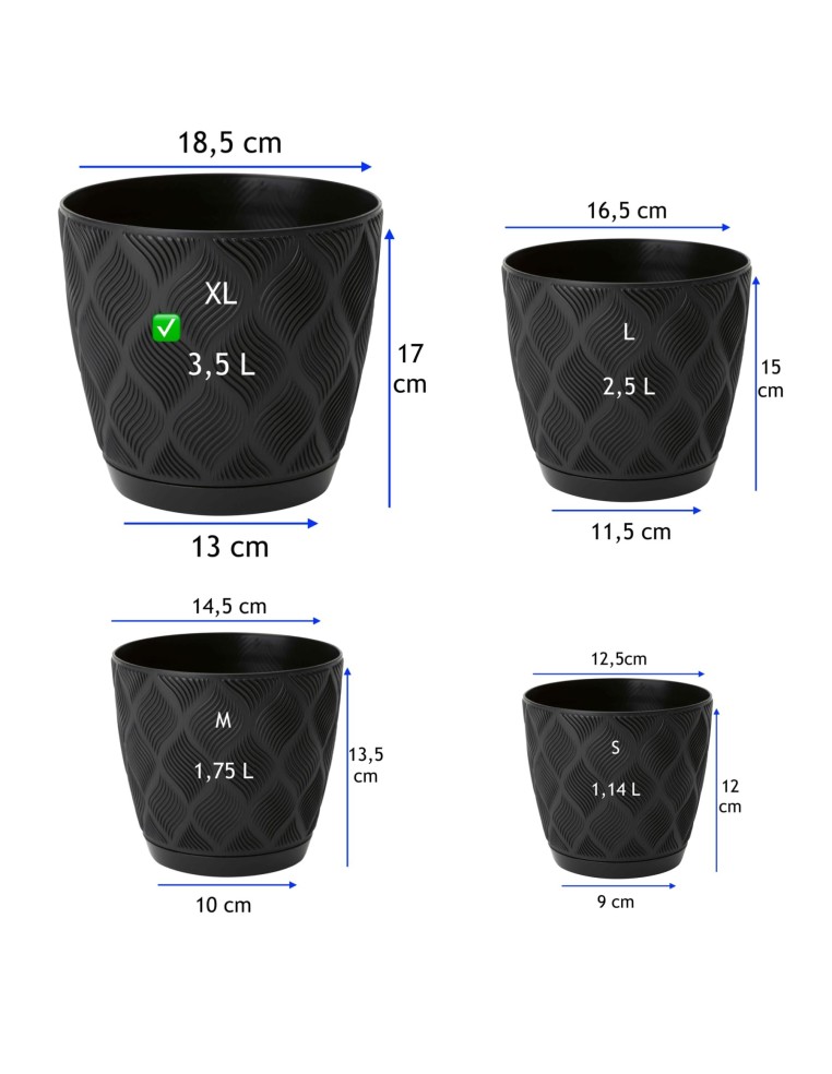 Cache-pot rond Ø19 × 17 cm à relief losange, 3,5 L – Noir | Töpferkönig