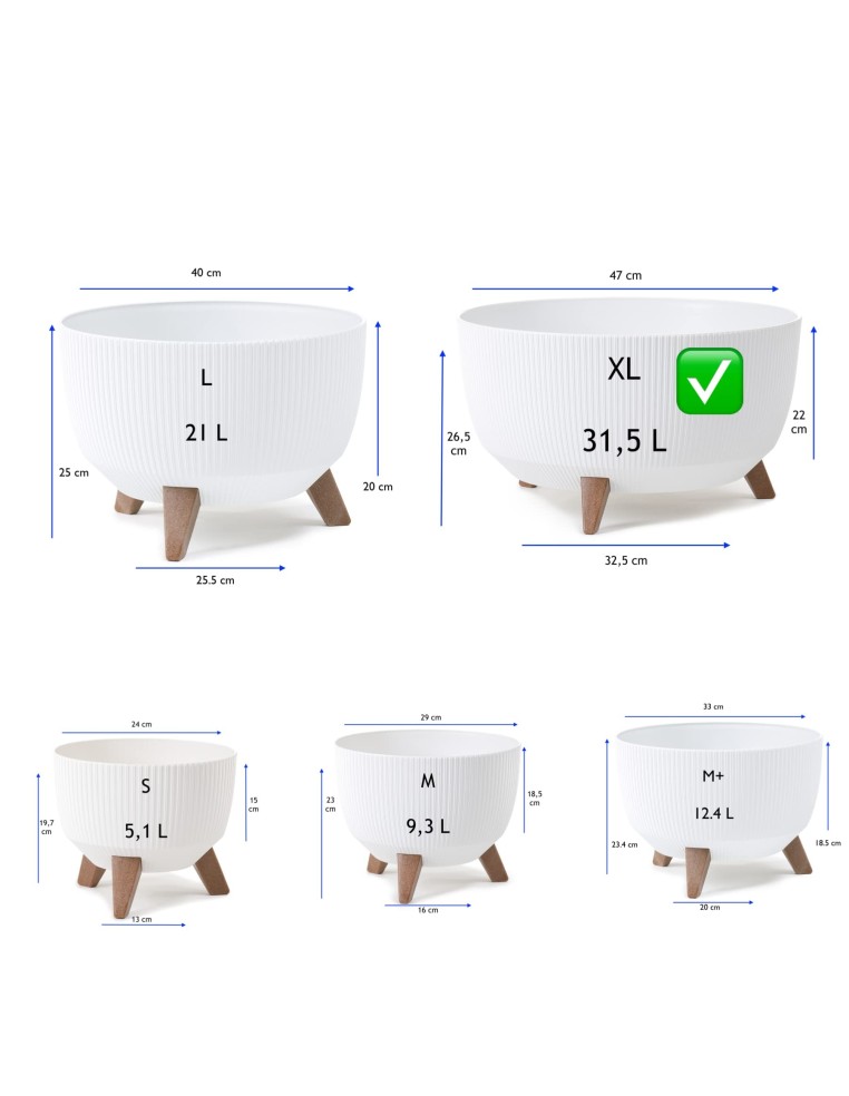 Ciotola per piante rotonda rigata XL Ø47 × 27 cm, 31 L – Bianco | Töpferkönig