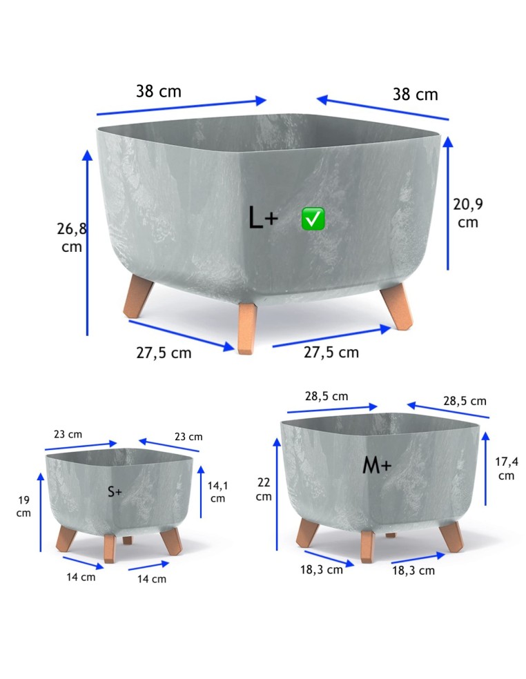 Cuenco para plantas cuadrado con patas 38 × 38 × 27 cm efecto hormigón, 25 L – Gris hormigón | Töpferkönig