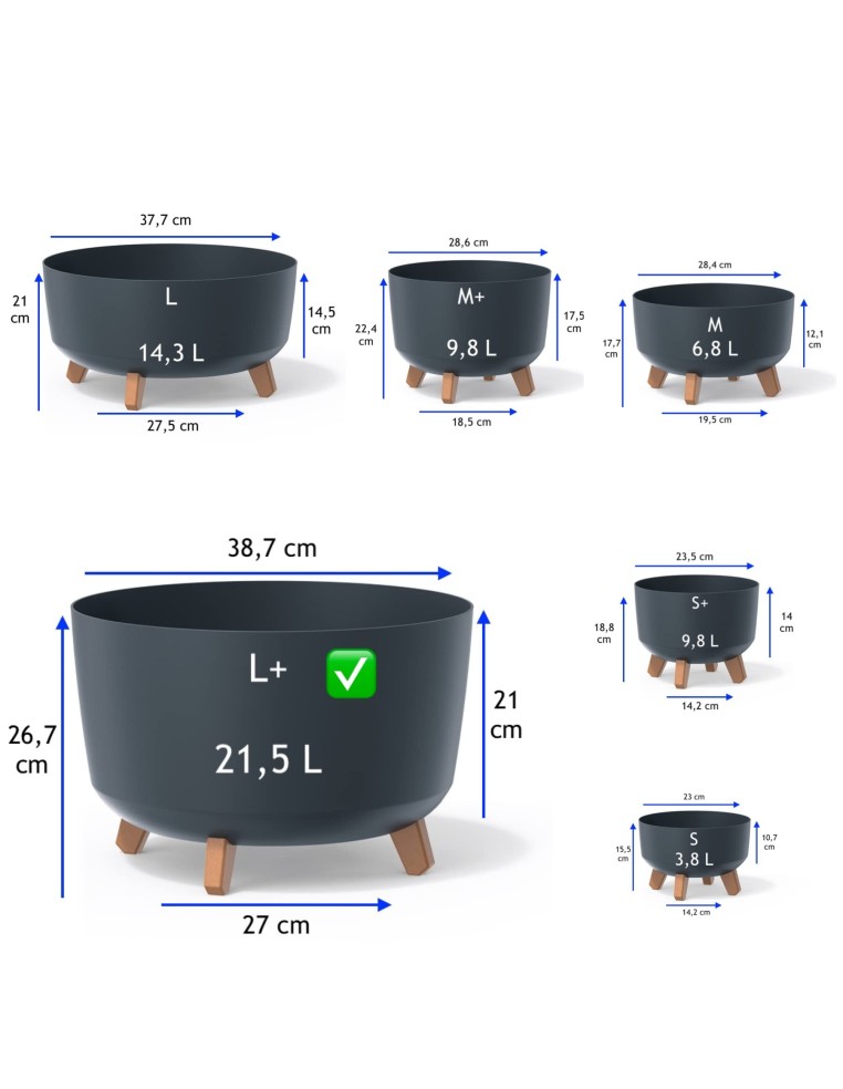 Cuenco para plantas redondo con patas Ø39 × 27 cm mate, 21,5 L – Antracita | Töpferkönig