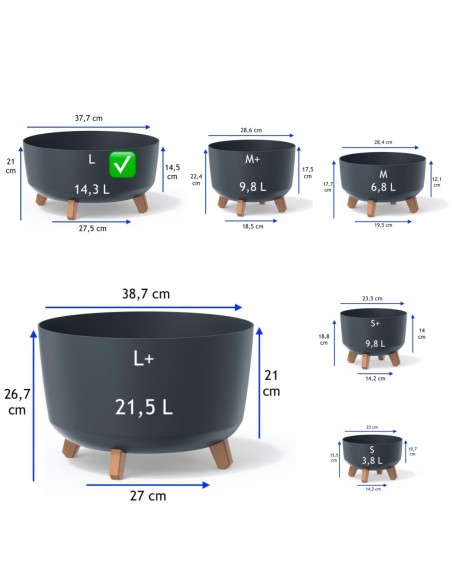 Cuenco para plantas redondo con patas Ø38 × 21 cm efecto hormigón, 14,3 L – Antracita hormigón | Töpferkönig