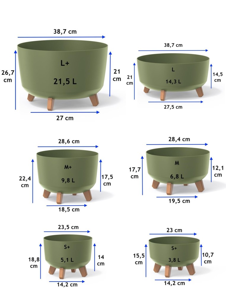 Pflanzschale rund mit Füßen Ø38 × 21 cm Matt, 14,3 L – Grün | Töpferkönig