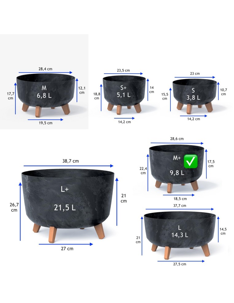 Cuenco para plantas redondo con patas Ø29 × 22 cm efecto hormigón, 9,8 L – Antracita hormigón | Töpferkönig