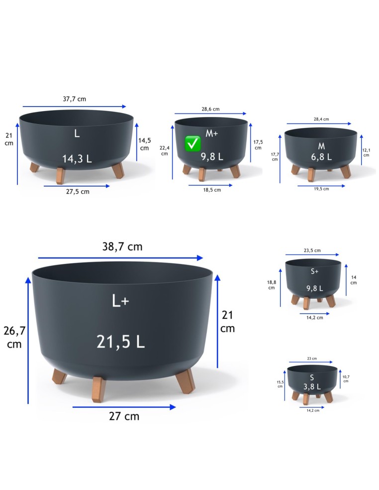 Cuenco para plantas redondo con patas Ø29 × 22 cm mate, 9,8 L – Antracita | Töpferkönig